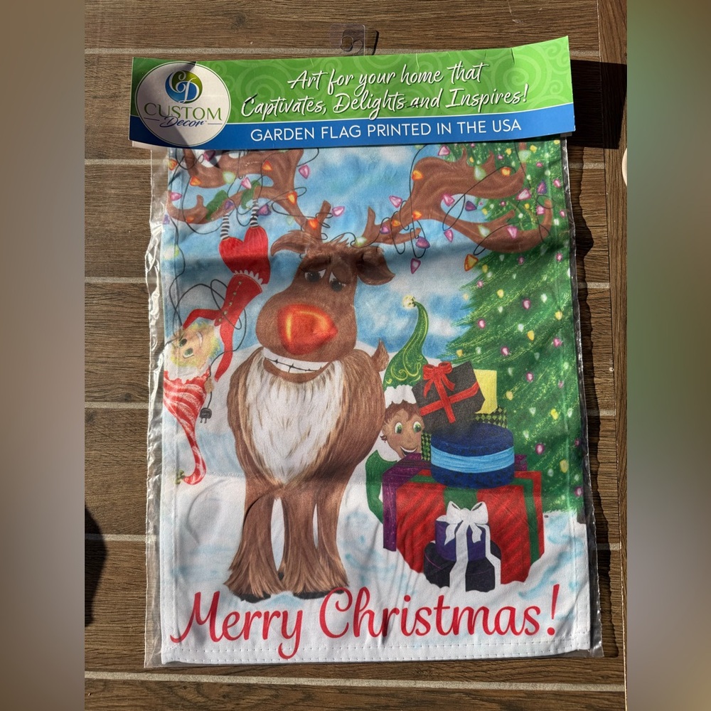 Merry Christmas Garden Flag with Reindeer and Gifts